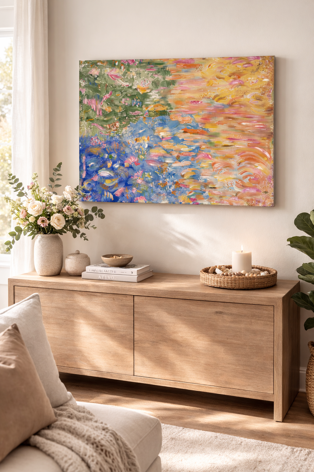 Living room with wooden sideboard, floral arrangement, and colorful abstract painting.